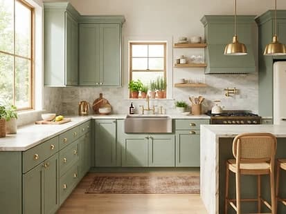 Sage green painted walls in a bedroom with white trim